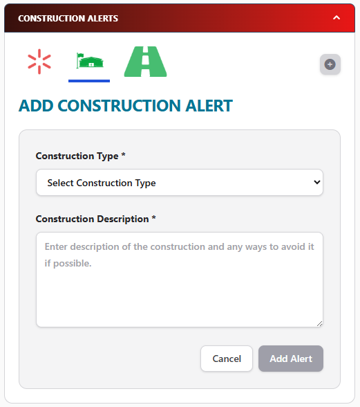 Dock Finder Pro form for adding a construction alert