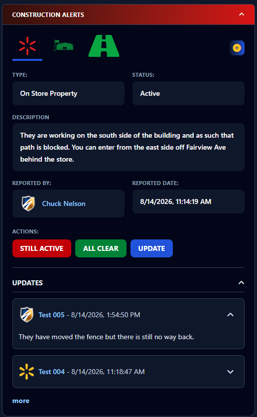 Dock Finder Pro construction alerts displayed for a store