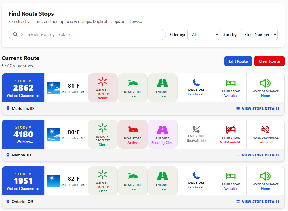 Dock Finder Pro routes screen showing stores added to a driver's route